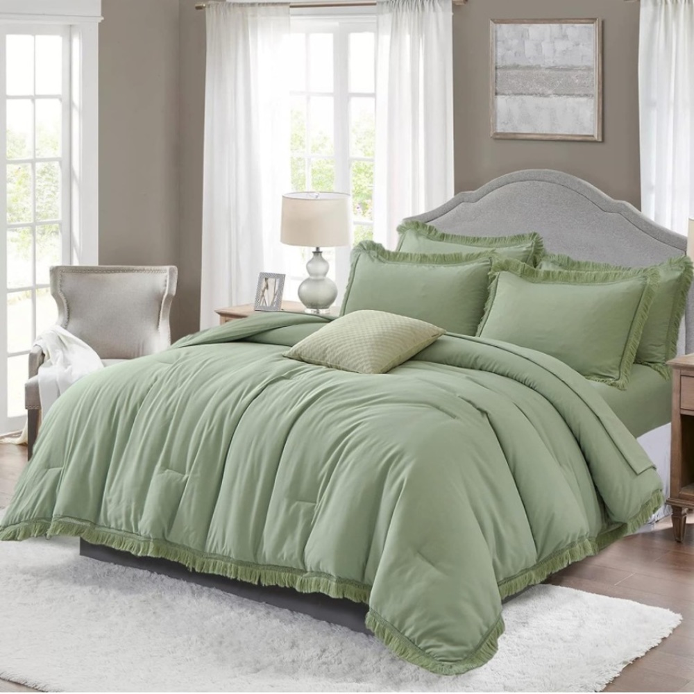 7 pcs bed in a bag fringe comforter set sage green